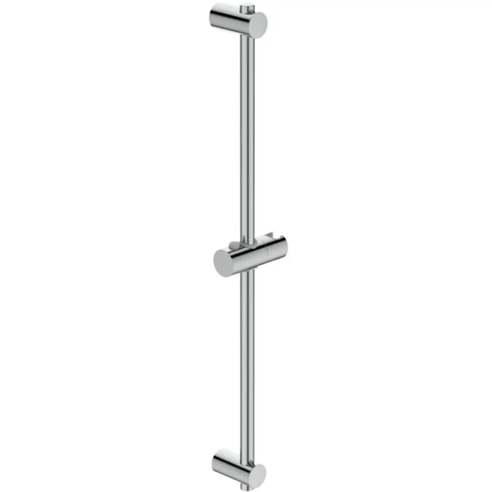 Chromfarbene Brausestange mit zwei runden Halterungen und einem schwenkbaren Schieber. Ideal Standard Produkt zur Montage an der Wand.